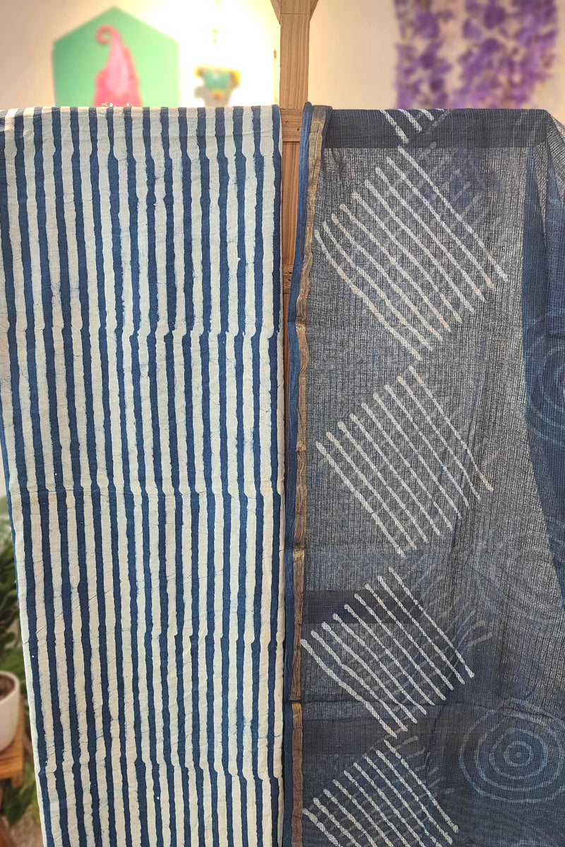 Indigo Handblock Cotton Suit Set with Cotton Bottom & Kota Doria Dupatta