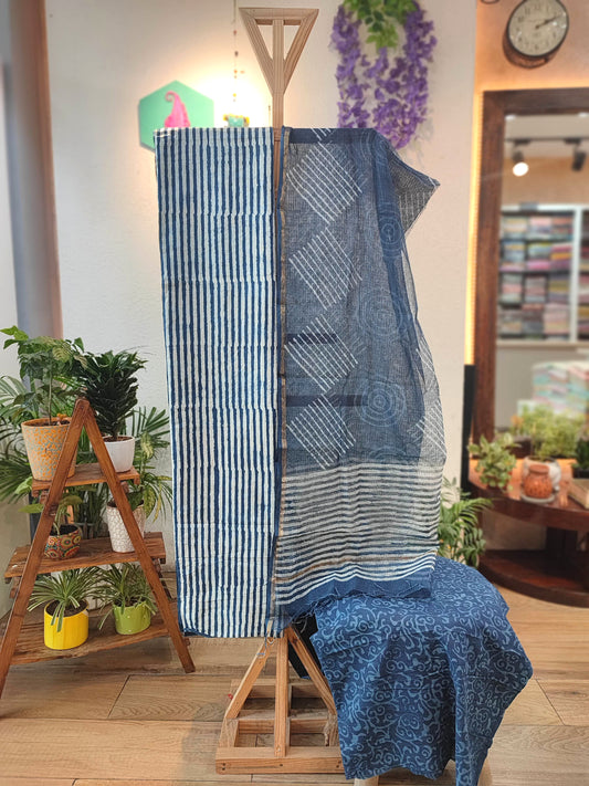 Indigo Handblock Cotton Suit Set with Cotton Bottom & Kota Doria Dupatta