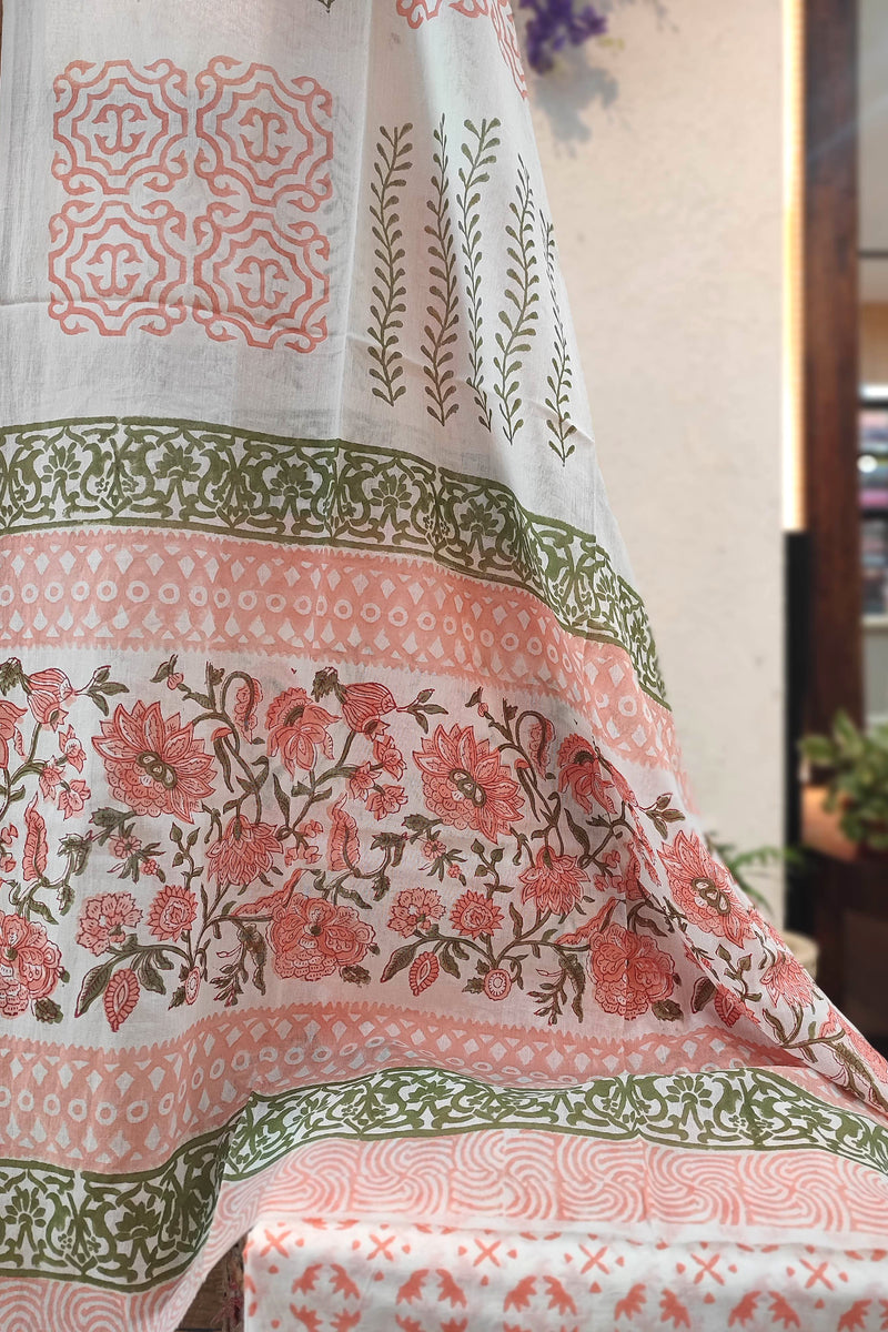 Elegant Handblock Printed Cotton Suit Set with cotton bottom and Mulmul Dupatta