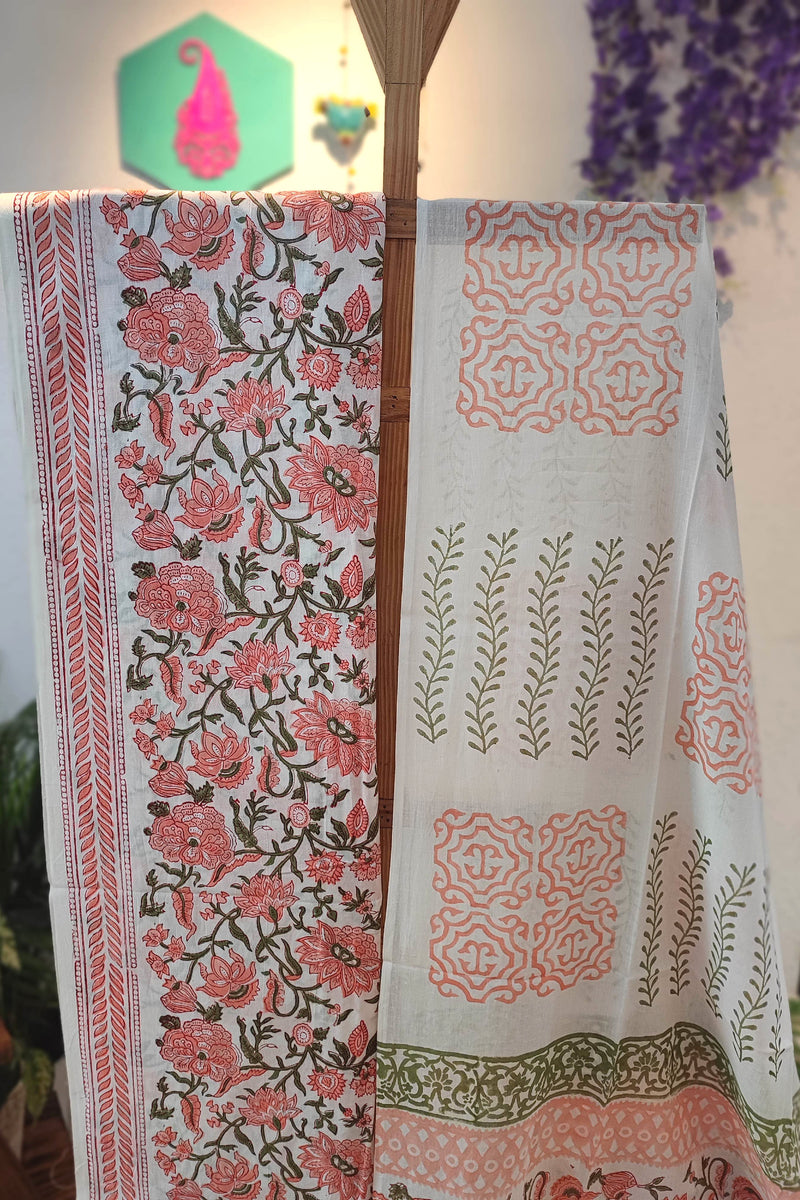 Elegant Handblock Printed Cotton Suit Set with cotton bottom and Mulmul Dupatta