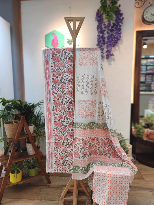 Elegant Handblock Printed Cotton Suit Set with cotton bottom and Mulmul Dupatta