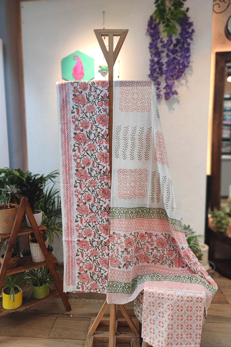 Elegant Handblock Printed Cotton Suit Set with cotton bottom and Mulmul Dupatta