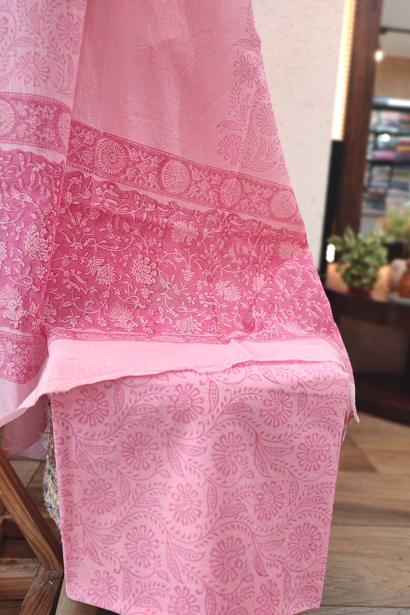 Elegant Pink  and White Floral Cotton Suit Set with cotton bottom and Mulmul Cotton Dupatta