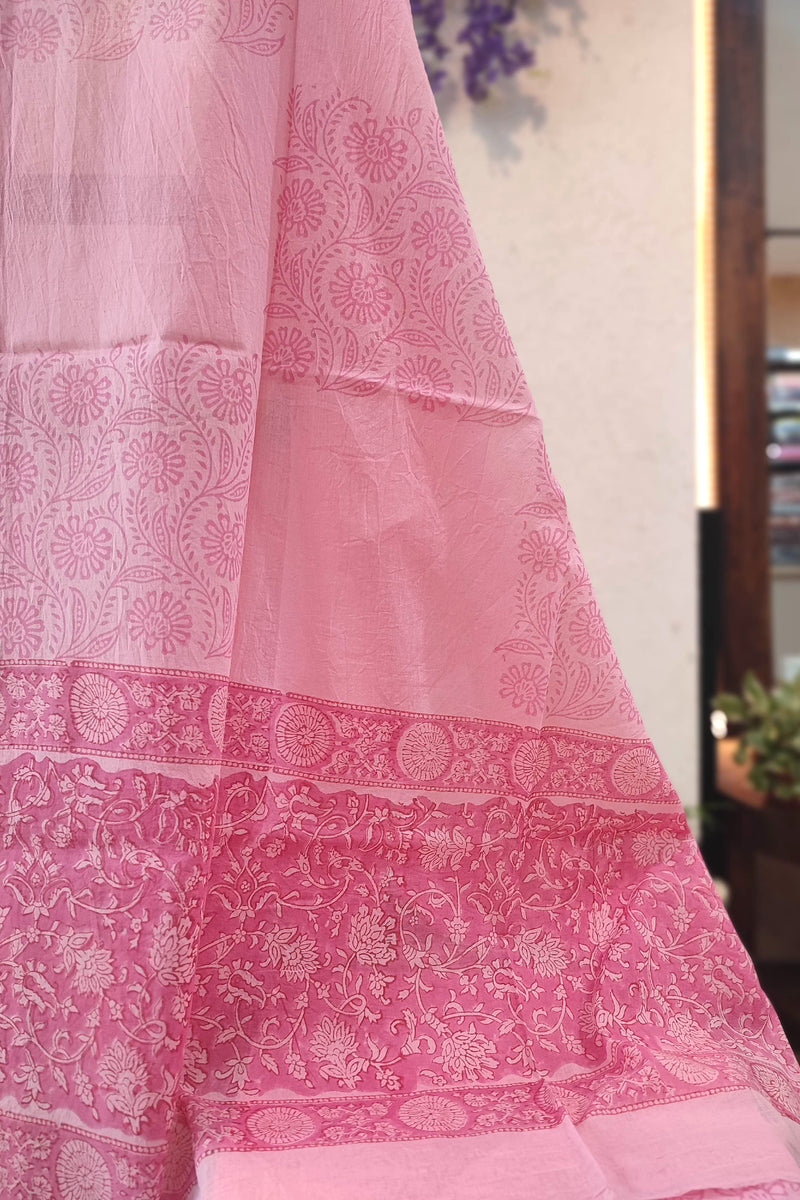 Elegant Pink  and White Floral Cotton Suit Set with cotton bottom and Mulmul Cotton Dupatta