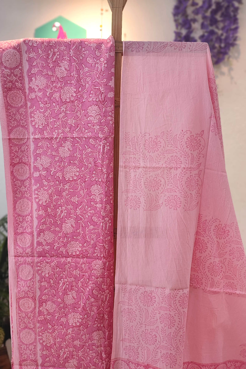 Elegant Pink  and White Floral Cotton Suit Set with cotton bottom and Mulmul Cotton Dupatta