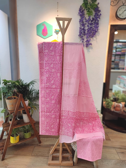 Elegant Pink  and White Floral Cotton Suit Set with cotton bottom and Mulmul Cotton Dupatta