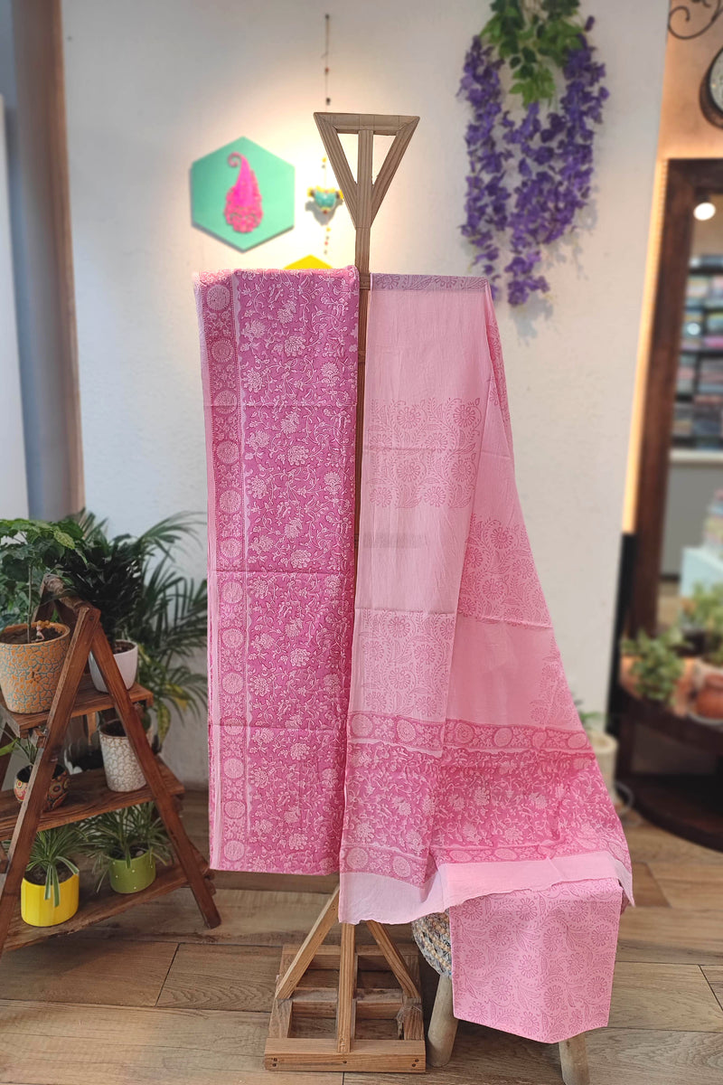 Elegant Pink  and White Floral Cotton Suit Set with cotton bottom and Mulmul Cotton Dupatta