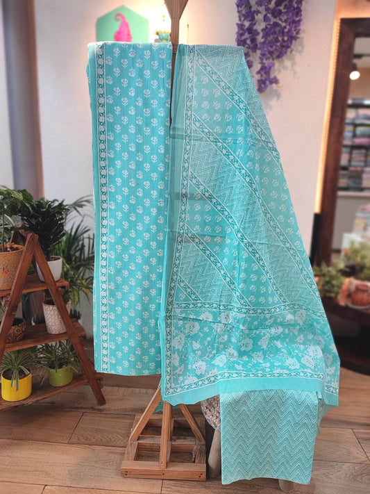 Sky Blue  Beige and White Floral Cotton Suit Set with cotton bottom and Mulmul Cotton Dupatta