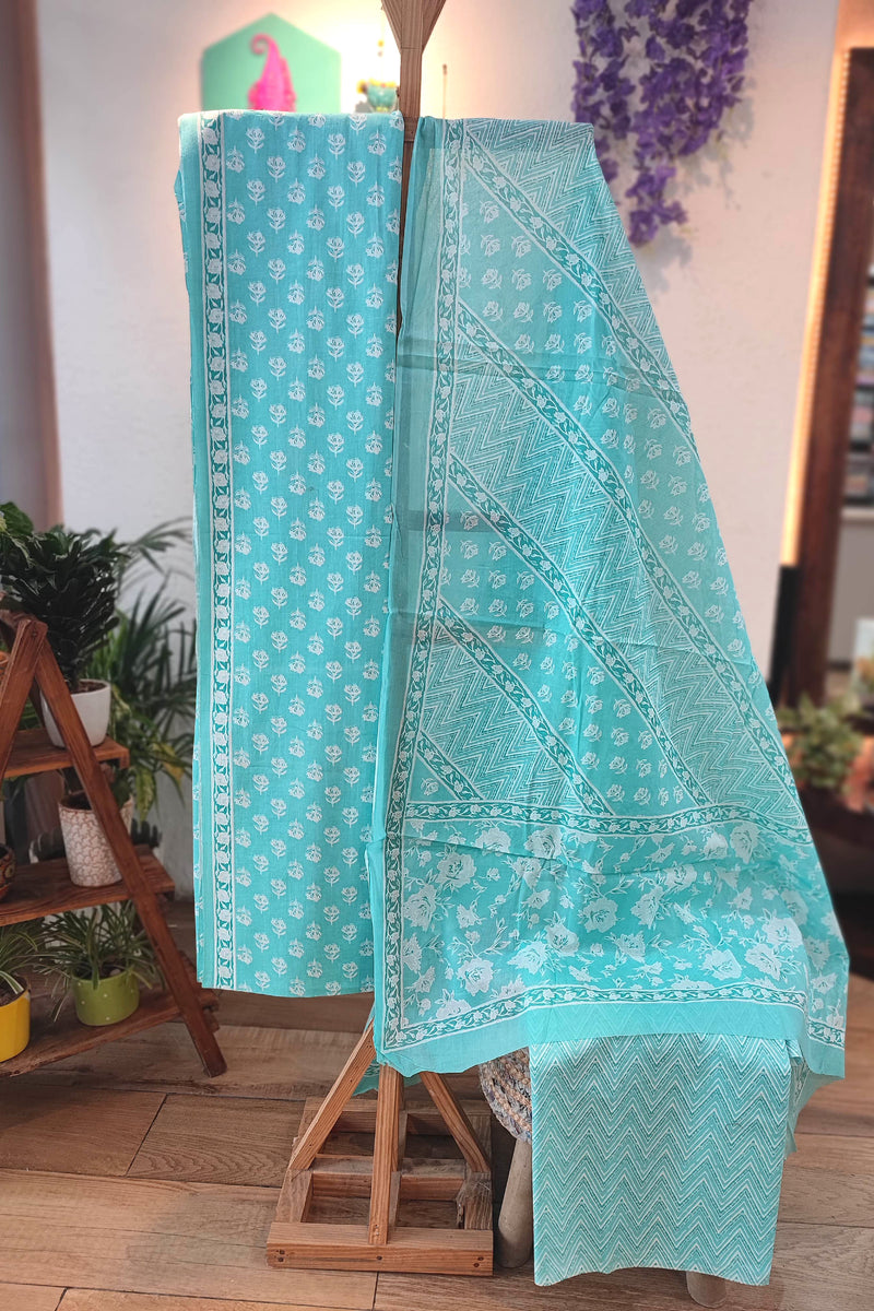 Sky Blue  Beige and White Floral Cotton Suit Set with cotton bottom and Mulmul Cotton Dupatta