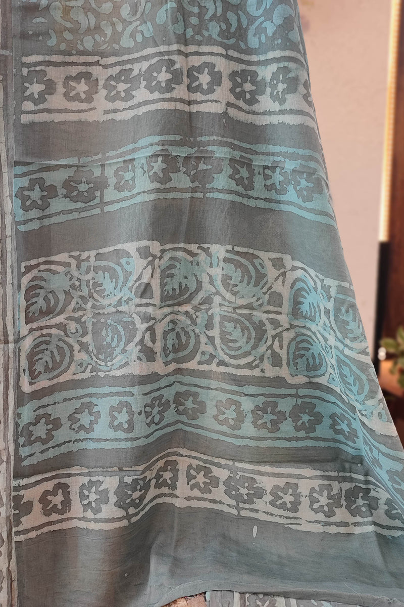 Light Blue Beige and White Floral Cotton Suit with Cotton Bottom & Mulmul Cotton Dupatta