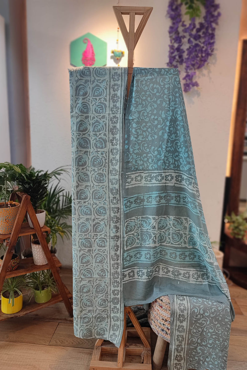 Light Blue Beige and White Floral Cotton Suit with Cotton Bottom & Mulmul Cotton Dupatta