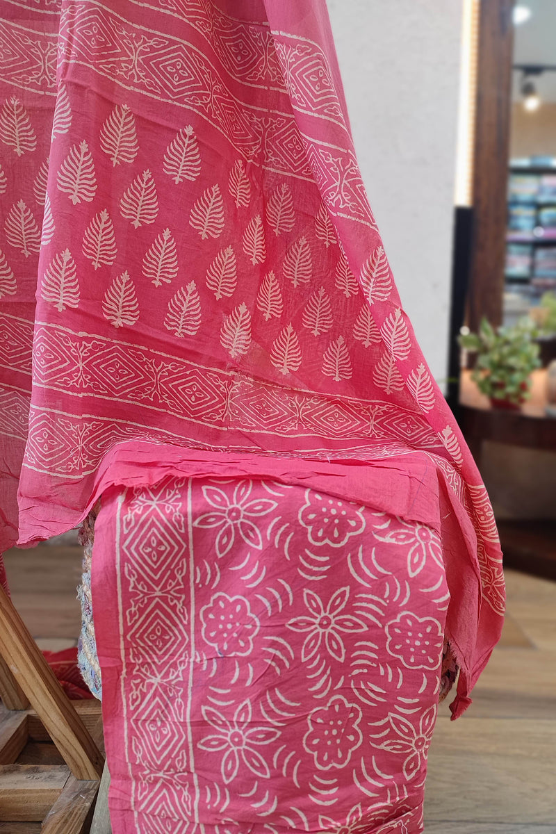 Pink and White Paisley print Cotton Suit with Cotton Bottom & Mulmul Cotton Dupatta