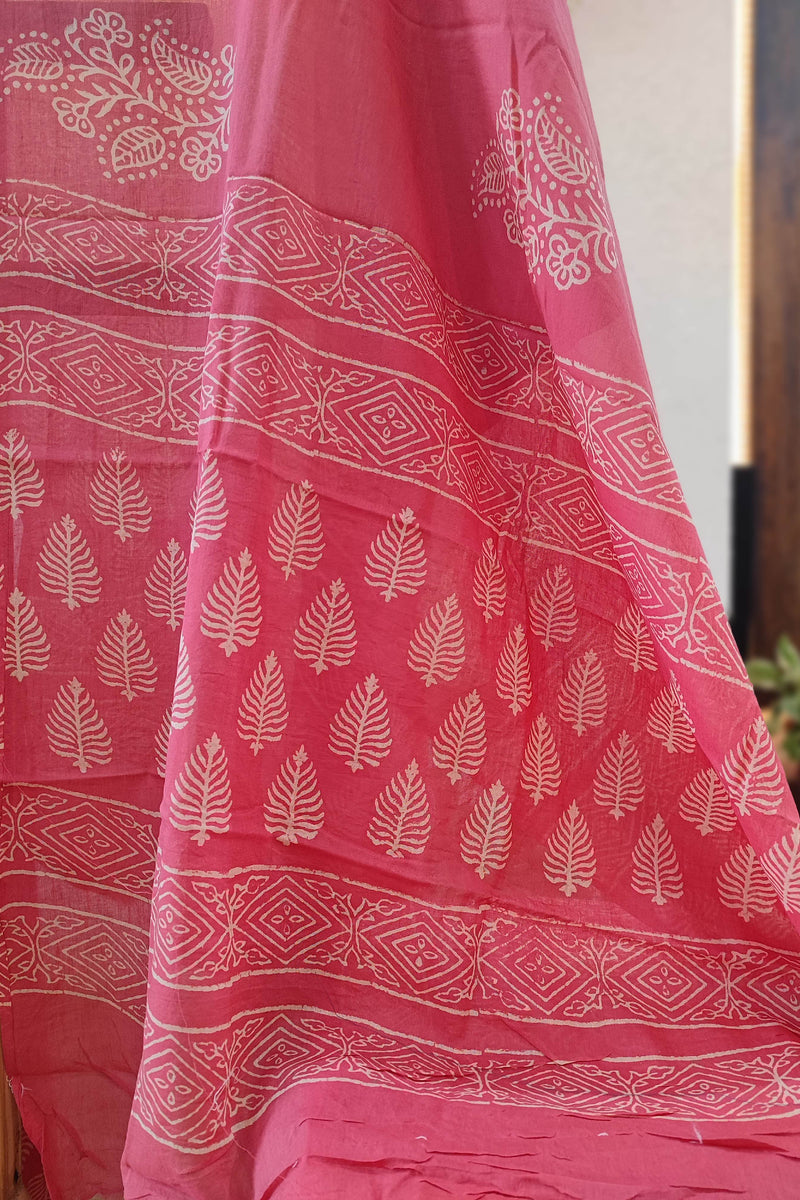 Pink and White Paisley print Cotton Suit with Cotton Bottom & Mulmul Cotton Dupatta