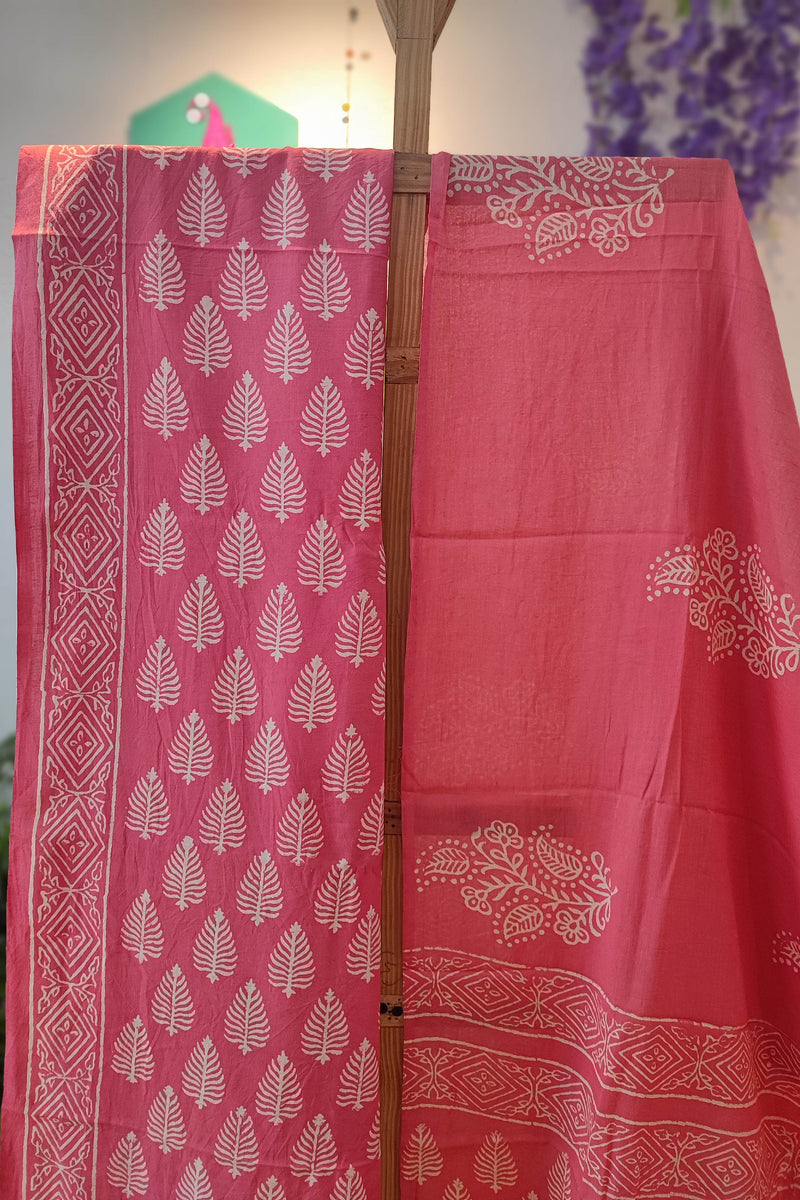 Pink and White Paisley print Cotton Suit with Cotton Bottom & Mulmul Cotton Dupatta