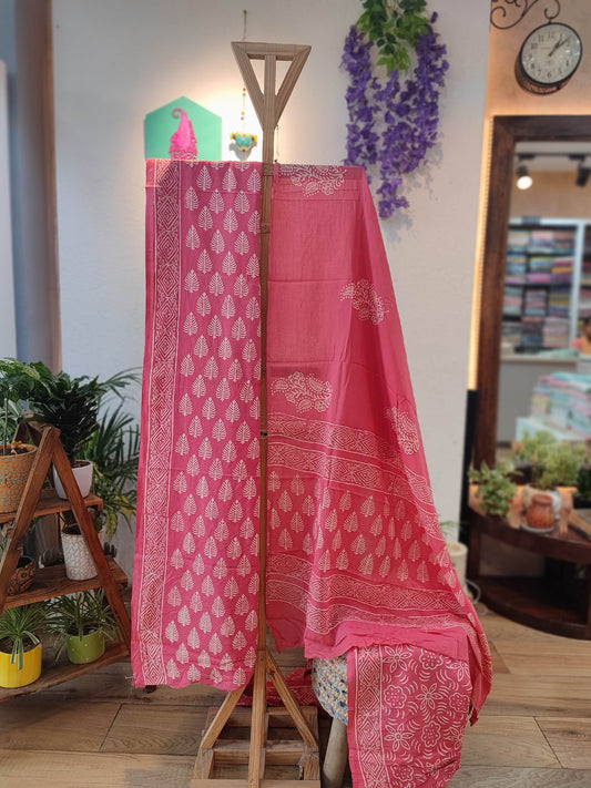 Pink and White Paisley print Cotton Suit with Cotton Bottom & Mulmul Cotton Dupatta