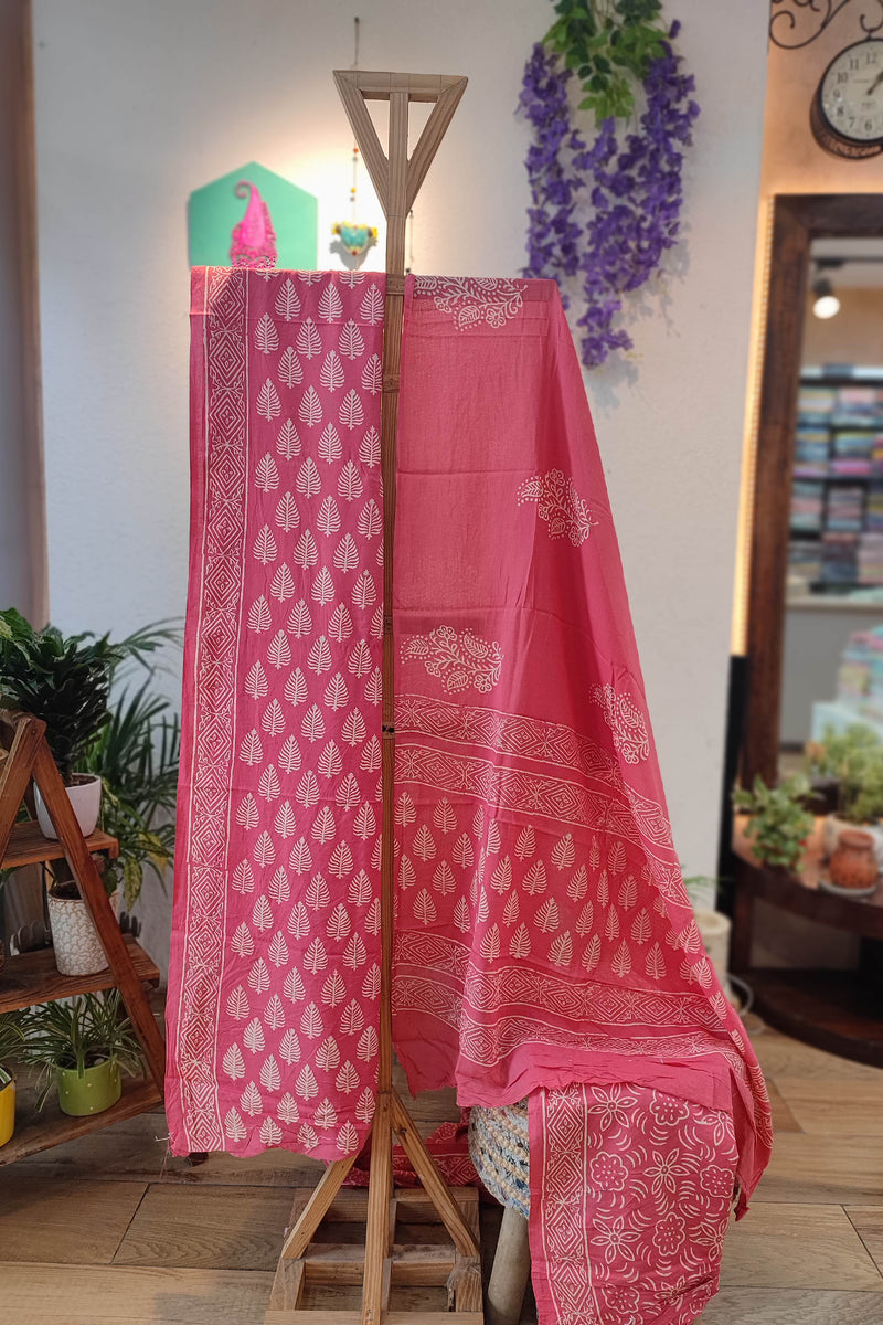 Pink and White Paisley print Cotton Suit with Cotton Bottom & Mulmul Cotton Dupatta