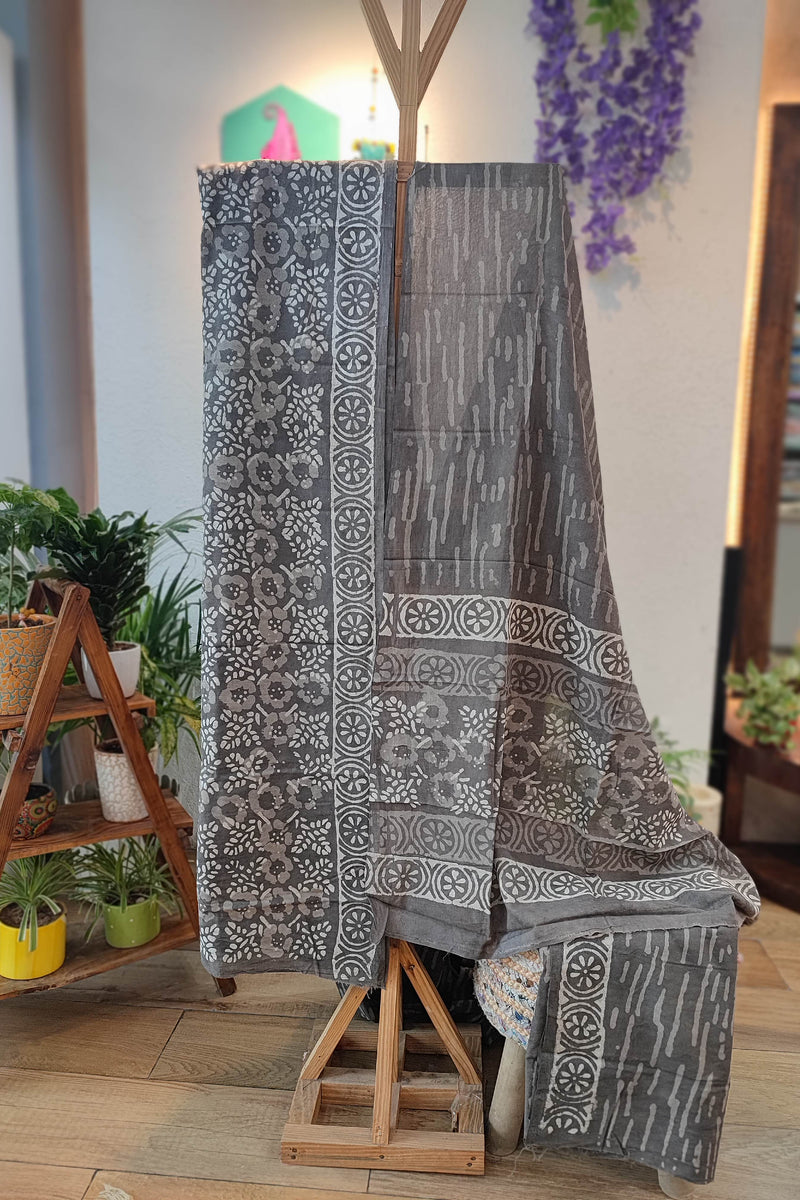 Grey  Cotton Suit  with Cotton Bottom & Mulmul Cotton Dupatta
