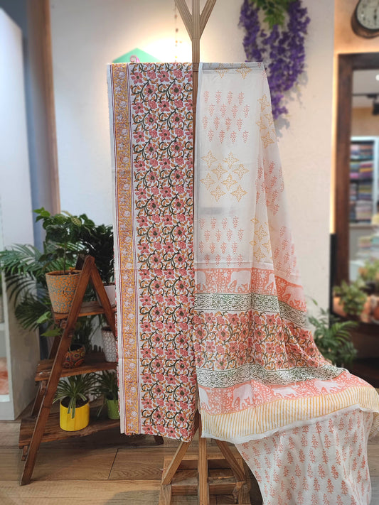 Traditional Block Print Cotton Suit with Cotton Bottom & Mulmul Cotton Dupatta