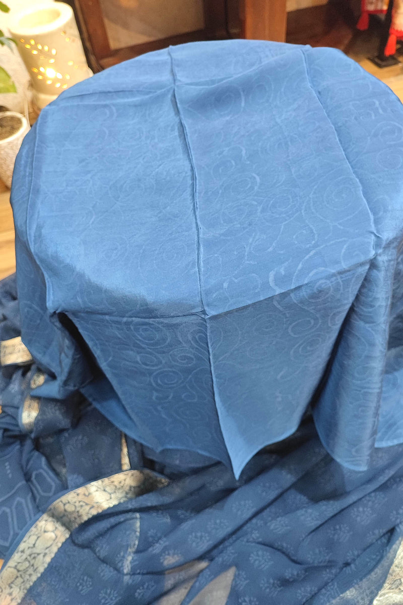 Navy Blue Chiffon Block Printed Saree with Silver Woven Border & Crepe Blouse