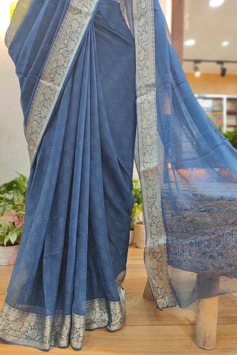 Navy Blue Chiffon Block Printed Saree with Silver Woven Border & Crepe Blouse