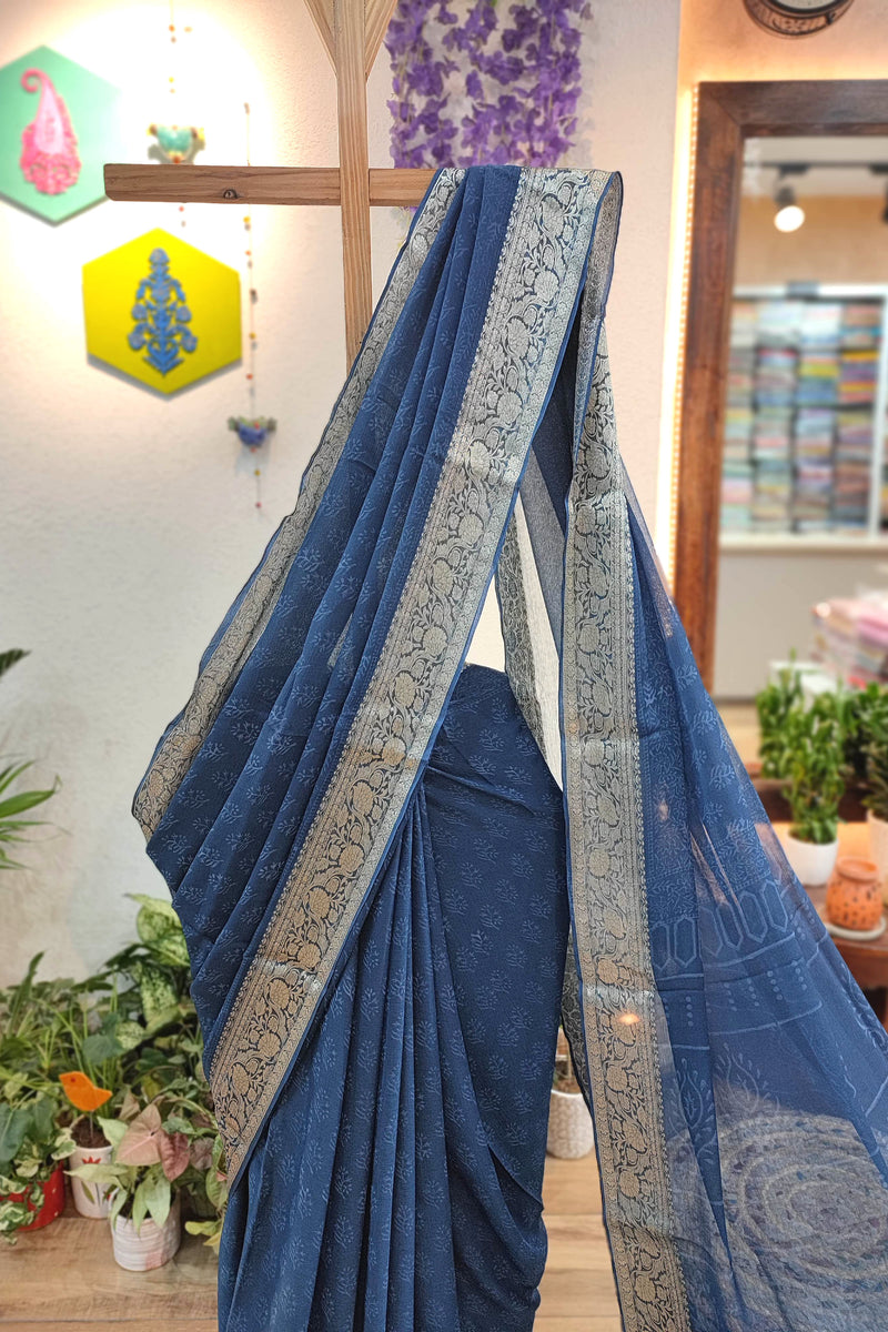 Navy Blue Chiffon Block Printed Saree with Silver Woven Border & Crepe Blouse