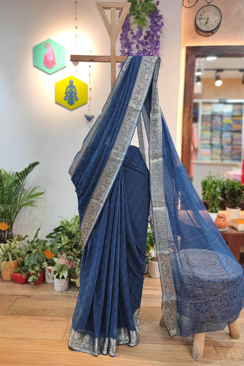 Navy Blue Chiffon Block Printed Saree with Silver Woven Border & Crepe Blouse