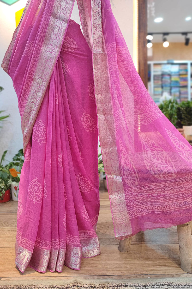 Rani Pink Chiffon Block Printed Saree with Golden Woven Border & Crepe Blouse