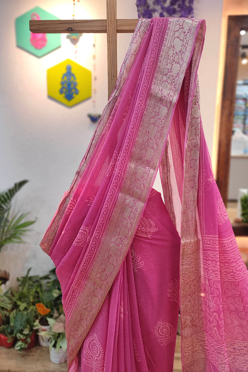 Rani Pink Chiffon Block Printed Saree with Golden Woven Border & Crepe Blouse