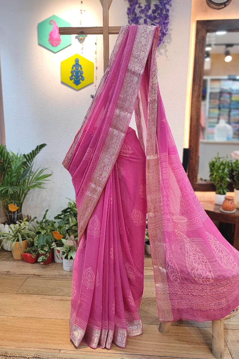 Rani Pink Chiffon Block Printed Saree with Golden Woven Border & Crepe Blouse
