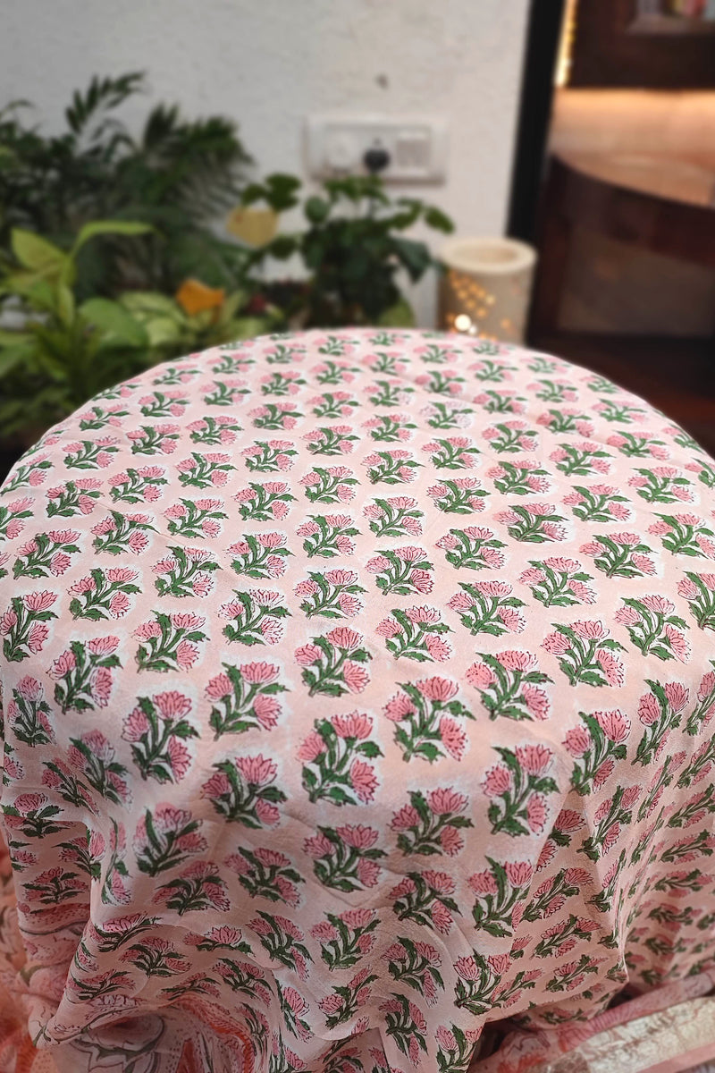 Peach Floral Chiffon Block Printed Saree with Golden Zari Border & Crepe Blouse