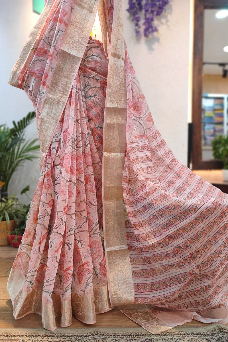 Peach Floral Chiffon Block Printed Saree with Golden Zari Border & Crepe Blouse