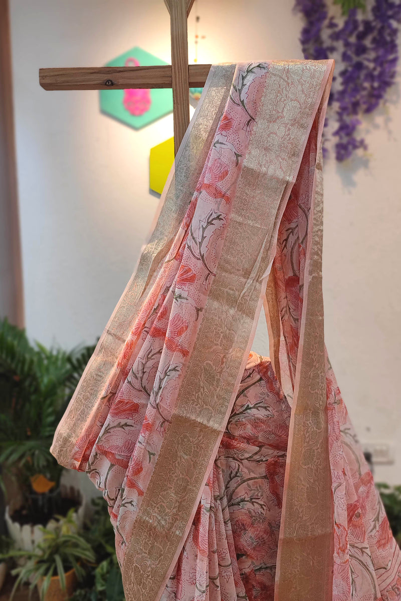 Peach Floral Chiffon Block Printed Saree with Golden Zari Border & Crepe Blouse