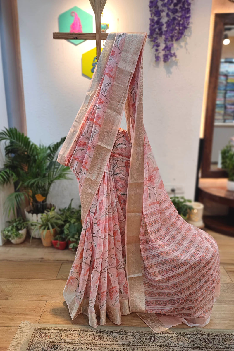 Peach Floral Chiffon Block Printed Saree with Golden Zari Border & Crepe Blouse