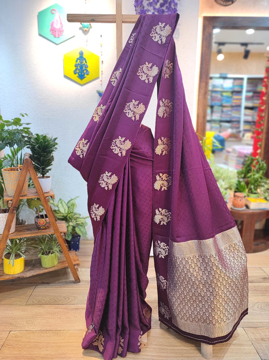 Royal Purple Banarasi Gajji Silk Saree with Golden Zari Floral Buta & Rich Pallu