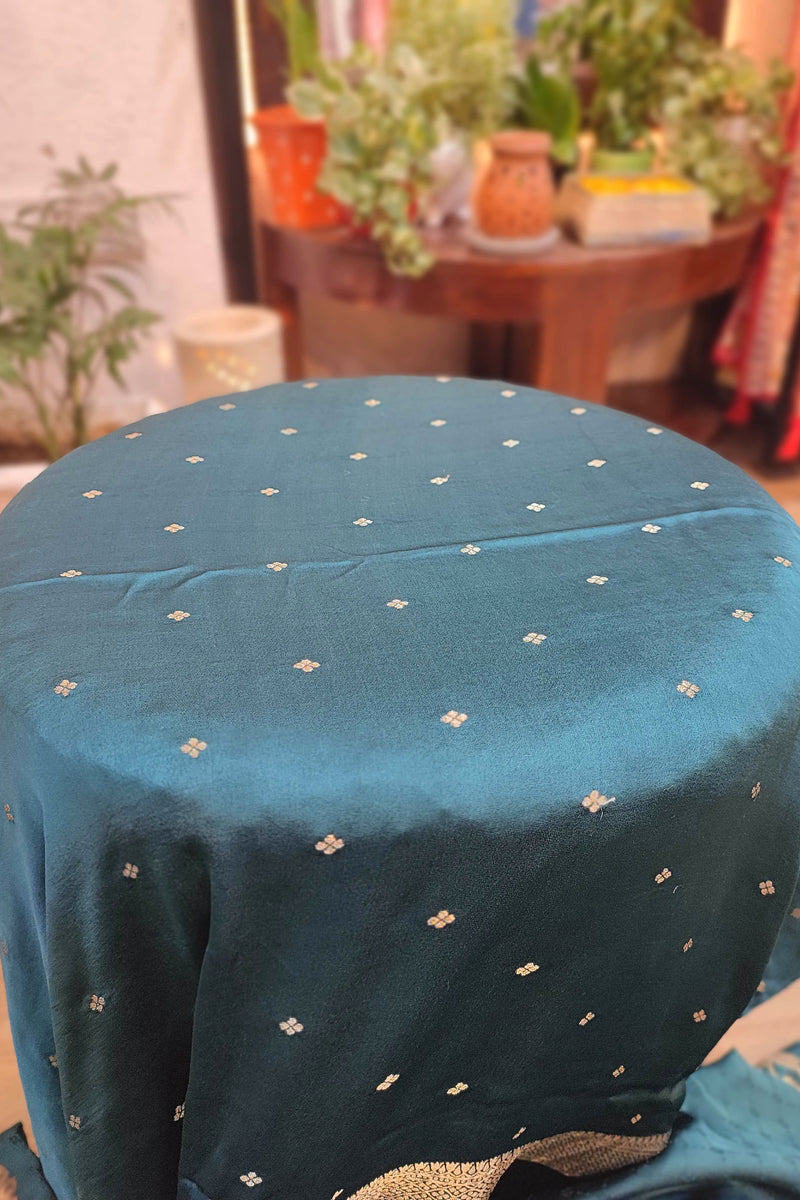 Bottle Green Banarasi Mashru Silk Saree with Floral Zari Buta & Zari Pallu