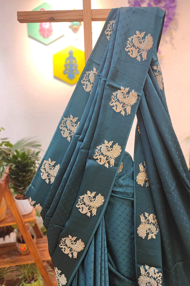 Bottle Green Banarasi Mashru Silk Saree with Floral Zari Buta & Zari Pallu