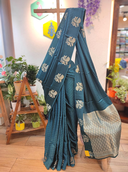 Bottle Green Banarasi Gajji Silk Saree with Floral Zari Buta & Zari Pallu