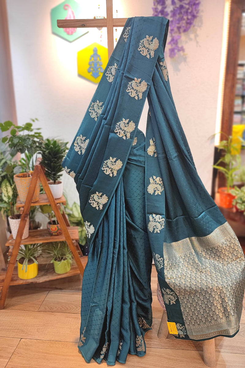 Bottle Green Banarasi Mashru Silk Saree with Floral Zari Buta & Zari Pallu