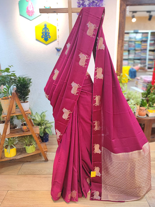 Wine Banarasi Gajji Silk Saree with Zari Nandi Motifs & Blouse Piece