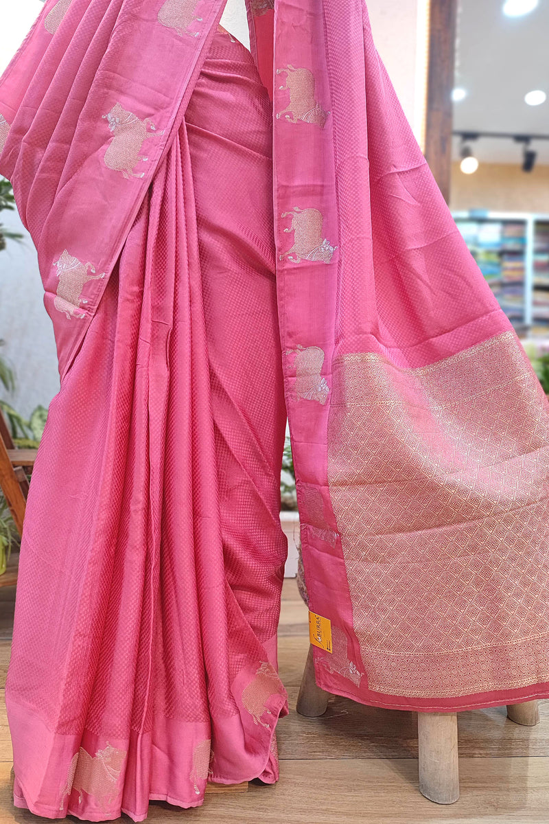 Peach Banarasi Mashri silk Saree with Golden Zari Border & Nandi Motifs (Running Blouse Piece)