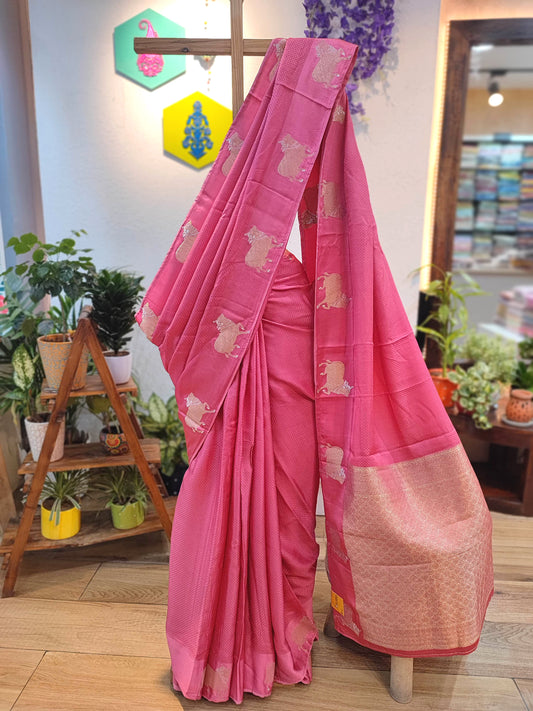 Pink Gajji Silk Banarasi Saree with Golden Zari Border & Nandi Motifs (Running Blouse Piece)