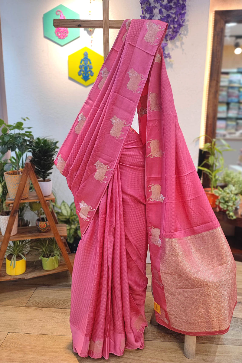 Peach Banarasi Mashri silk Saree with Golden Zari Border & Nandi Motifs (Running Blouse Piece)