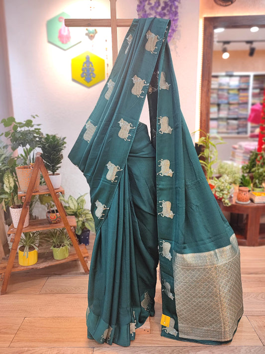 Dark Teal Gajji Silk Banarasi Saree with Bold Zari Nandi Motifs & Running Blouse Piece