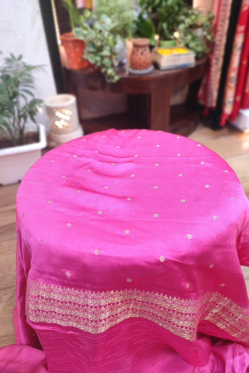 Rani Pink Gajji Silk Banarasi Saree with Zari Sparrow Bird Motifs & Running Blouse