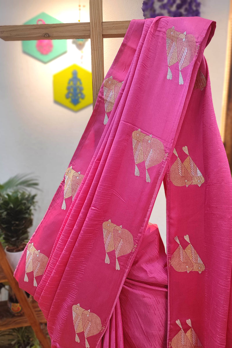 Rani Pink Gajji Silk Banarasi Saree with Zari Sparrow Bird Motifs & Running Blouse