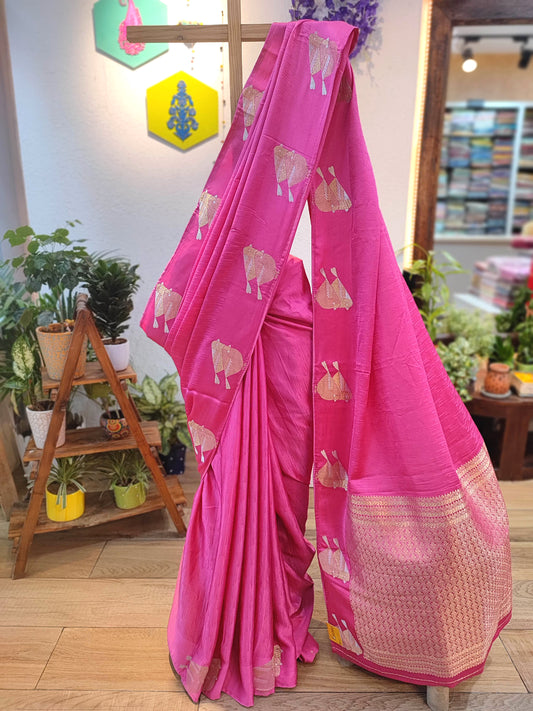 Rani Pink Gajji Silk Banarasi Saree with Zari Sparrow Bird Motifs & Running Blouse