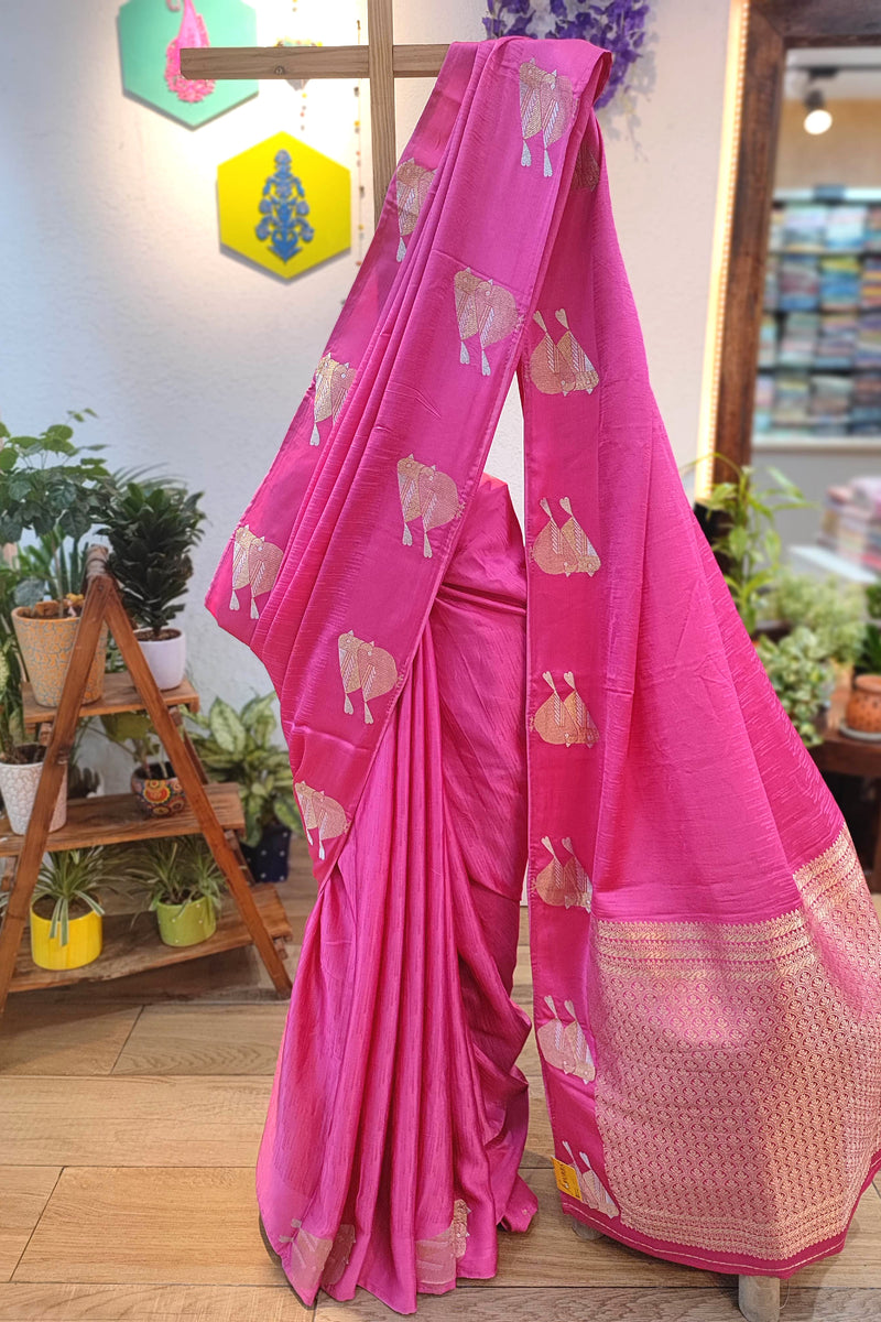 Rani Pink Gajji Silk Banarasi Saree with Zari Sparrow Bird Motifs & Running Blouse