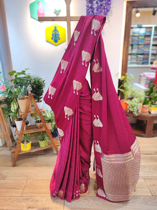Wine Gajji Silk Banarasi Saree with Zari Sparrow Bird Motifs & Running Blouse