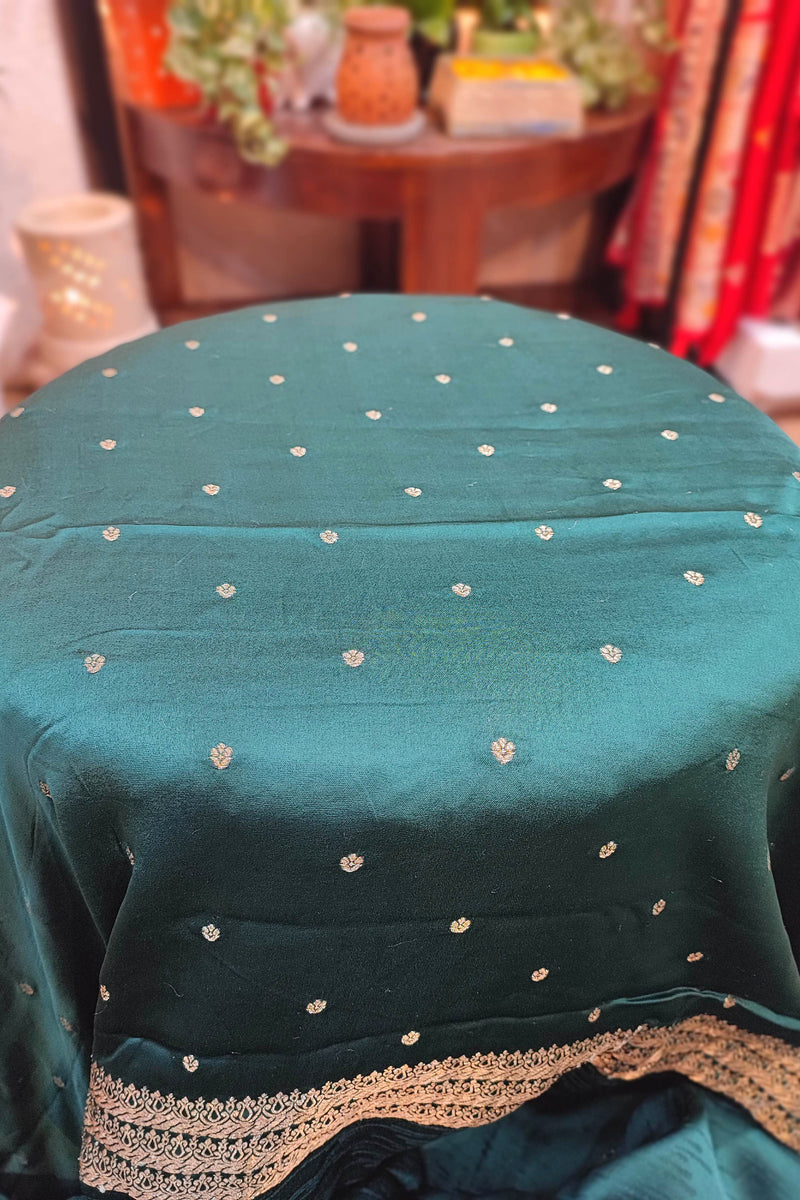 Bottle Green Mashru Silk Banarasi Saree with Zari Sparrow Bird Motifs & Running Blouse