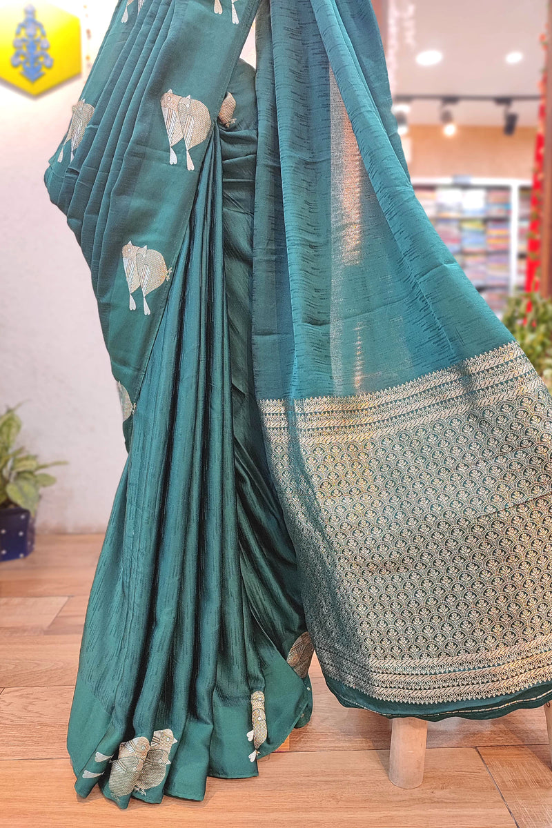Bottle Green Mashru Silk Banarasi Saree with Zari Sparrow Bird Motifs & Running Blouse